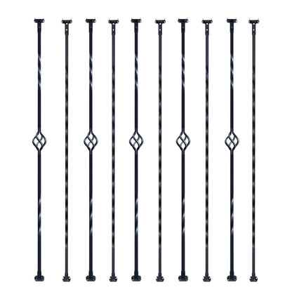 VEVOR Staircase Metal Balusters, 44'' x 1/2" Galvanized Steel Decorative Banister Spindles, 10 Pack Deck Baluster with Hollow Single Baskets, Twists, Spiral Stair Railing w/ Shoes & Screws